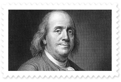 A black-and-white portrait of Benjamin Franklin wearing a cravat.