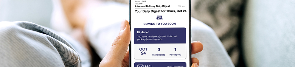 Informed Delivery notification email on a phone screen showing grayscale preview image of an incoming mailpiece.
