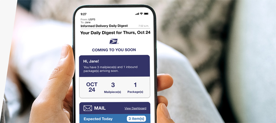Informed Delivery notification email on a phone screen showing grayscale preview image of an incoming mailpiece.