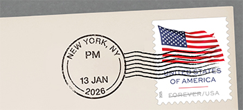 An envelope showing a U.S. Flag Forever stamp that has been cancelled with a postmark for January 13, 2026, in New York, NY.