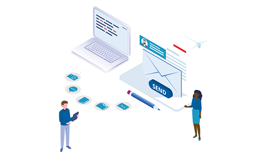 Graphic of business workers analyzing physical and digital marketing campaign results.