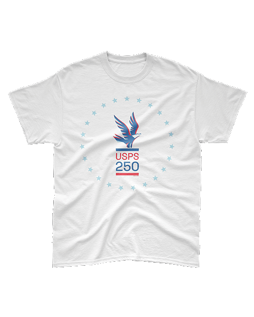 A white T-shirt with a print of an eagle in flight and the words "USPS 250" in a circle of stars.