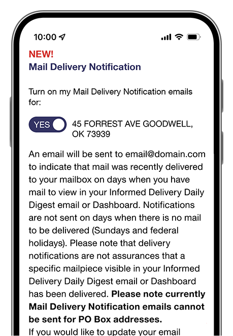 The Mail Delivery Notifications opt-in screen.