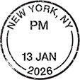A postmark stamp that shows a cancellation date of January 13, 2026, in New York, NY.