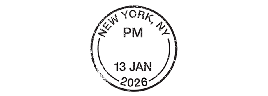 A postmark stamp that shows a cancellation date of January 13, 2025, in New York, NY.